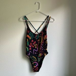 Out From Under Black geo print paint pattern one piece swim bathing suit